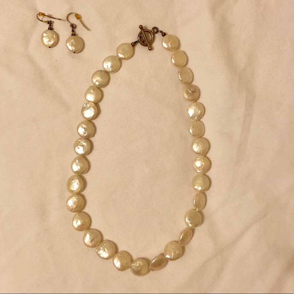 Custom made flat water pearl necklace+earring set